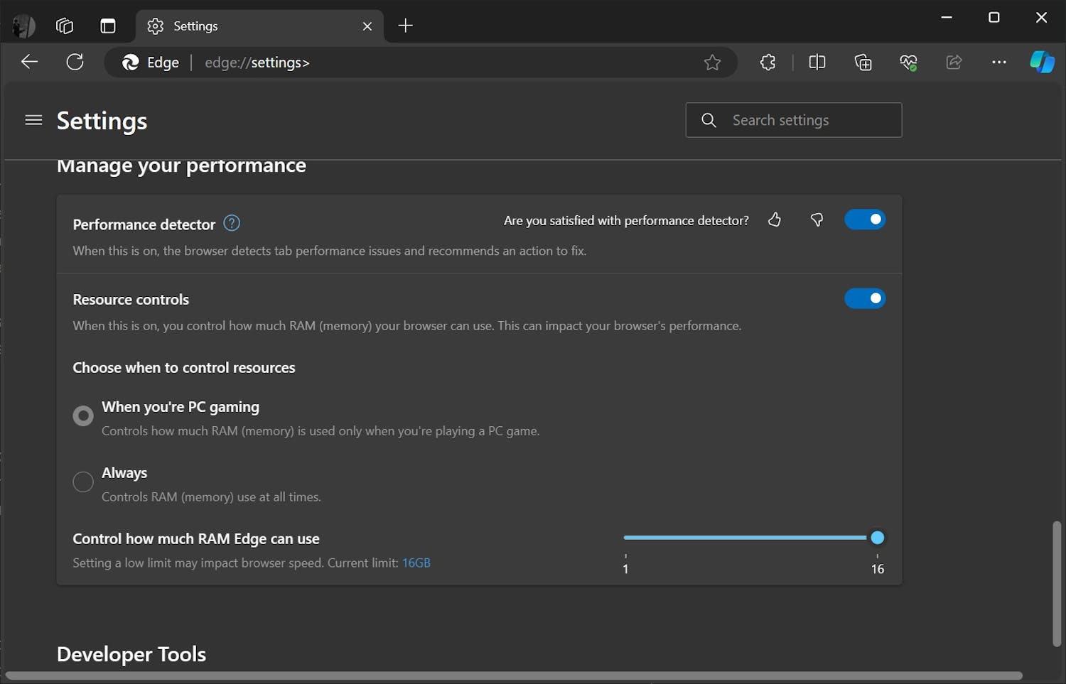 Bruk av ram: Sett en øvre grense for bruken av ram i Edge